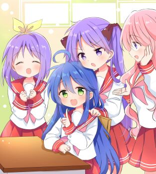 Rule 34 | 4girls, ^ ^, ahoge, blue hair, chair, classroom, closed eyes, commentary request, desk, frown, glasses, green eyes, hair ribbon, hairband, hand on another&#039;s shoulder, hand on own cheek, hand on own face, hand rest, hand up, hands up, highres, hiiragi kagami, hiiragi tsukasa, index finger raised, indoors, izumi konata, long hair, long sleeves, lucky star, medium hair, miniskirt, multiple girls, nanami ayane (kusunoki5050), neckerchief, on chair, open hand, open mouth, own hands together, pink hair, pink neckerchief, pleated skirt, purple eyes, purple hair, red sailor collar, red skirt, ribbon, ryouou school uniform, sailor collar, school, school chair, school desk, school uniform, serafuku, shirt, siblings, simple background, sisters, sitting, skirt, smile, standing, takara miyuki, tareme, tsundere, twins, twintails, upper body, v-shaped eyebrows, white shirt, yellow hairband