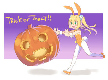 1girl animal_ear_hairband animal_ears blonde_hair blue_eyes bow bowtie breasts commentary_request detached_collar fake_animal_ears hairband high_heels jack-o&#039;-lantern katahira_masashi leotard long_hair orange_bow orange_bowtie orange_leotard orange_shoes original pantyhose playboy_bunny pumpkin purple_background rabbit_ears rabbit_tail running shoes small_breasts solo strapless strapless_leotard tail trick_or_treat twintails white_pantyhose wrist_cuffs