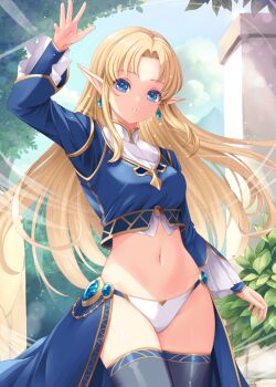 1girl arm_up blonde_hair blue_eyes blue_shirt blue_thighhighs breasts bush cleft_of_venus cloud cloudy_sky commentary_request cowboy_shot earrings elf floating_hair frilled_sleeves frills half-skirt hand_up jewelry kirishima_satoshi light_particles long_hair long_sleeves looking_at_viewer medium_breasts motion_lines mountain navel original outdoors panties parted_bangs parted_lips pointy_ears princess shirt sky smile solo stone_wall thighhighs thighs train_(clothing) tree underwear wall wind