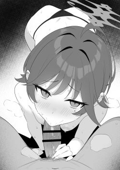 1boy 1girl ahoge all_fours bar_censor blue_archive blush censored erection fellatio fuyu_(blue_archive) greyscale halo helloet11 hetero highres looking_at_viewer mole mole_under_eye monochrome nipples oral panties penis penis_grab pov solo_focus sweat underwear