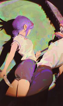 1boy 1girl absurdres alternate_form black_necktie chainsaw chainsaw_man clothes_grab denji_(chainsaw_man) different_shadow hair_bun highres holding holding_knife kitchen_knife knife necktie necktie_grab neckwear_grab pants purple_hair purple_pants purple_shorts reze_(chainsaw_man) sharp_teeth shirt shirt_tucked_in shorts spotlight teeth white_shirt yaungpeng