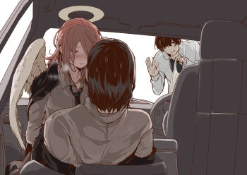 3boys absurdres angel_devil_(chainsaw_man) angel_wings black_hair black_necktie blush car car_interior chainsaw_man collared_shirt commentary_request ear_piercing from_behind hayakawa_aki heco_inu highres implied_sex jacket long_hair male_focus mole mole_under_mouth motor_vehicle multiple_boys multiple_piercings necktie on_car piercing shirt short_hair simple_background sitting suit_jacket sweat white_background white_shirt wings yaoi yoshida_hirofumi