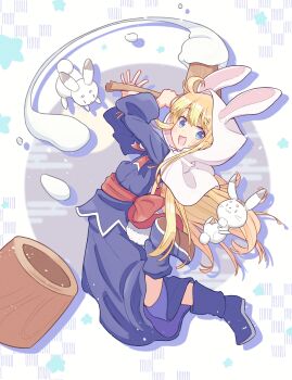 1girl absurdres animal_ear_headwear animal_ear_hood animal_ears blonde_hair blue_boots blue_dress blue_eyes blue_robe boots dress fake_animal_ears food hair_between_eyes highres holding holding_mallet hood jazz_grace kine long_hair long_sidelocks madou_monogatari mallet mochi mochi_trail mochitsuki moon moon_rabbit mortar_(bowl) puyopuyo rabbit rabbit_ears rabbit_tail red_ribbon ribbon robe sidelocks solo tail waist_ribbon witch witch_(puyopuyo)