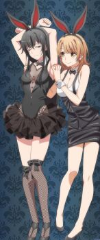 2girls ahoge animal_costume arm_up armpits arms_up black_bow black_bowtie black_eyes black_hair black_skirt black_socks black_thighhighs blush bow bowtie breasts brown_eyes brown_hair cleavage clothing_cutout english_text female_focus fishnet_thighhighs fishnets heel-less_heels highres isshiki_iroha kneehighs large_breasts legs long_hair long_image looking_at_viewer miniskirt multiple_girls navel navel_cutout official_art one_eye_closed pencil_skirt playboy_bunny rabbit_costume rabbit_ears scan see-through_cleavage see-through_clothes short_hair skirt sleeveless small_breasts smile socks thighhighs thighs tickling tickling_armpits yahari_ore_no_seishun_lovecome_wa_machigatteiru. yukinoshita_yukino zettai_ryouiki