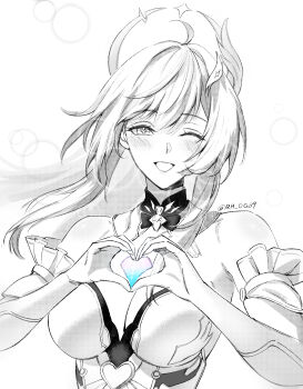 Rule 34 | 1boy, absurdres, aemeath (wuthering waves), bare shoulders, blush, breasts, cleavage, commentary, hands up, heart, heart hands, highres, large breasts, looking at viewer, one eye closed, open mouth, rh og69, smile, star-shaped pupils, star (symbol), symbol-only commentary, symbol-shaped pupils, twitter username, upper body, wuthering waves