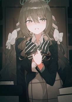 1girl blue_archive blush bow bowtie braid choppy_bangs commentary_request diagonal-striped_bow diagonal-striped_bowtie diagonal-striped_clothes green_bow green_bowtie green_halo green_jacket grey_hair grey_skirt hair_bow hair_ribbon halo hand_up highres jacket long_hair long_sleeves looking_at_viewer miyo_(blue_archive) open_mouth ribbon ribbon_braid shirt skirt sla2h_help solo striped_bow striped_bowtie striped_clothes white_bow white_shirt