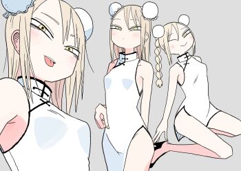 1girl abe_tomomi bare_shoulders blush breasts bun_cover china_dress chinese_clothes double_bun dress grey_background grey_hair hair_bun highres multiple_views original short_hair simple_background small_breasts tongue tongue_out white_dress