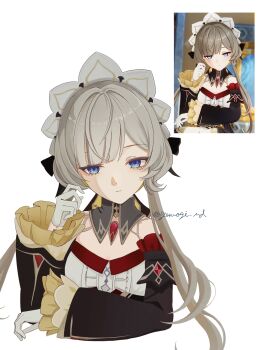 1girl absurdres bare_shoulders black_dress blue_eyes breasts brown_hair cleavage detached_sleeves dress genshin_impact highres long_hair looking_at_viewer maid_headdress medium_breasts sandrone_(genshin_impact) screencap twitter_username yomogi_snd