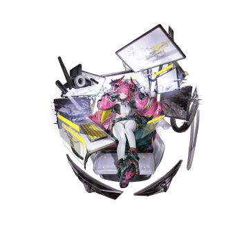 1girl :d arknights arknights:_endfield artist_request black_footwear black_gloves black_horns breasts computer_keyboard crop_top full_body gloves hair_intakes highres horns large_breasts long_hair long_sleeves looking_at_viewer monitor navel official_art open_mouth pants pink_hair pink_horns puffy_long_sleeves puffy_sleeves science_fiction screen shoe_soles simple_background sitting smile solo transparent_background very_long_hair white_pants yvonne_(arknights)