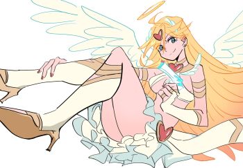 Rule 34 | 1girl, angel, angel wings, backlace (psg), blonde hair, blue eyes, breasts, commentary request, earrings, feathered wings, gladiator sandals, hair ornament, halo, heart, heart hair ornament, high heels, highres, jewelry, kneehighs, long hair, looking at viewer, medium breasts, midriff, miniskirt, no panties, panty &amp; stocking with garterbelt, panty (psg), revealing clothes, sandals, simple background, skirt, smile, socks, solo, traditional halo, underboob, white background, wings, wpous121