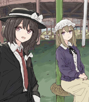 Rule 34 | 2girls, :d, black hat, black jacket, black ribbon, blonde hair, bow, brown hair, buttons, cardigan, closed mouth, clothing request, collared shirt, dress shirt, hair between eyes, hair bow, hand in pocket, hands on own thigh, hat, hat bow, highres, jacket, kashiwada kiiho, long hair, long sleeves, maribel hearn, medium hair, mob cap, multiple girls, neck ribbon, necktie, open mouth, own hands together, purple cardigan, purple eyes, red eyes, red necktie, revision, ribbon, shirt, single sidelock, sitting, smile, touhou, translation request, usami renko, white bow, white hat, white shirt
