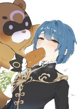 1boy blue_hair carrot commentary commentary_request feeding fellatio food food_in_mouth force-feeding forced frilled_shirt_collar frills genshin_impact guoba_(genshin_impact) half-closed_eyes highres holding implied_fellatio male_focus mouth_hold oral sexually_suggestive shota shoving simulated_fellatio stuffed_animal stuffed_toy sukoyaka93 tearing_up teddy_bear vegetable xingqiu_(genshin_impact)