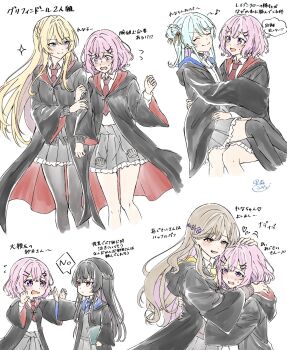 Rule 34 | 5girls, amaori renako, black cloak, black hair, black pantyhose, black thighhighs, blonde hair, blue eyes, blue hair, book, braid, brown eyes, brown hair, cloak, commentary request, grey skirt, hair bun, half up braid, heart, highres, hogwarts school uniform, holding, holding book, hug, koto satsuki, koyanagi kaho, locked arms, long hair, looking at another, medium hair, multiple girls, necktie, open mouth, ouzuka mai, pantyhose, pink hair, purple eyes, red eyes, red necktie, satomoriumi, school uniform, sena ajisai, shirt, simple background, single side bun, sitting, sitting on lap, sitting on person, skirt, smile, thighhighs, translation request, watashi ga koibito ni nareru wake naijan murimuri!, white background, white shirt, wizarding world, yuri