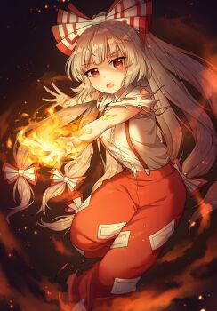 1girl absurdres blunt_bangs bow commentary dark_background fire fujiwara_no_mokou hair_bow highres kaoling long_hair looking_at_viewer multicolored_bow ofuda ofuda_on_clothes open_mouth pants red_eyes red_pants shirt solo suspenders torn_clothes touhou very_long_hair white_hair white_shirt