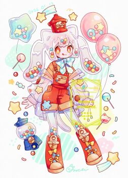 1girl :3 :q animal_ears blush boots bright_pupils candy cat_ears cat_girl cat_tail chewing_gum closed_mouth commentary dated dot_nose english_commentary food full_body grey_hair gumball gumball_machine lollipop long_hair long_sleeves looking_at_viewer mochimura_sorata orange_shirt original overall_shorts overalls personification red_boots red_eyes red_overalls see-through_clothes see-through_sleeves shirt shooting_star signature smile solo standing tail tongue tongue_out twintails watermark white_pupils