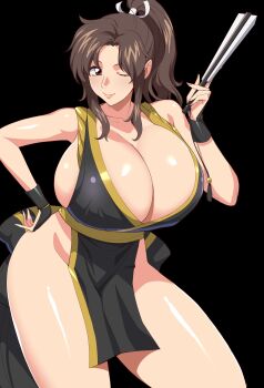 1girl absurdres alternate_color black_background breasts brown_hair cleavage collarbone commentary_request commission cosplay gundam gundam_seed hand_fan highres holding holding_fan huge_breasts kloah murrue_ramius one_eye_closed ponytail purple_eyes shiranui_mai shiranui_mai_(cosplay) skeb_commission the_king_of_fighters