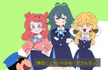 Rule 34 | 1boy, 3girls, :>, :3, absurdres, alienalienp, antenna hair, arms behind head, black hair, blonde hair, blue hair, blue jacket, blue ribbon, blue skirt, blue vest, blush, bow, braid, bright pupils, brown bow, closed mouth, collared shirt, comedic sweatdrop, commentary request, crayon shin-chan, crossed arms, crossover, faceless, faceless male, fujita kotone, gakuen idolmaster, glaring, green background, green eyes, hair bow, hair over shoulder, hanami saki, hands on own hips, hat, hatsuboshi gakuen school uniform, height difference, highres, idolmaster, jacket, long hair, looking at another, low twin braids, multiple girls, multiple hair bows, neck ribbon, no pupils, no sclera, nohara shinnosuke, open mouth, parody, pink jacket, purple eyes, re;iris (idolmaster), ribbon, school uniform, shirt, short hair, skirt, smile, standing, style parody, subtitled, translation request, tsukimura temari, twin braids, usui yoshito (style), v-shaped eyebrows, very short hair, vest, white pupils, white shirt, yellow eyes