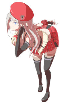 1girl abatr alisa_ilinichina_amiella bent_over beret black_gloves blue_eyes boots breasts closed_mouth elbow_gloves fingerless_gloves full_body gloves god_eater god_eater_2:_rage_burst hair_between_eyes hat highres jacket large_breasts long_hair plaid_clothes plaid_skirt red_hat simple_background skirt smile solo thigh_boots white_background white_hair