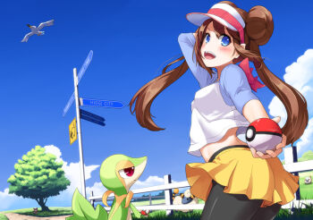10s 1girl animal bird blue_eyes blue_sky brown_hair creature day donut_hair_bun double_bun fence foongus gen_2_pokemon gen_3_pokemon gen_5_pokemon hair_bun kurenai_hanpen long_hair mareep midriff mushroom nintendo pantyhose path poke_ball pokemon pokemon_(creature) pokemon_bw2 purrloin raglan_sleeves road rosa_(pokemon) sheep shorts sign skirt sky snivy tree twintails visor_cap wingull