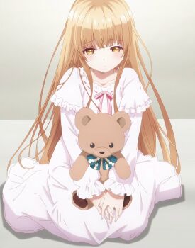 1girl blonde_hair commentary dress english_commentary eufoniuz highres holding holding_stuffed_toy kneeling long_hair long_sleeves nightgown otonari_no_tenshi-sama_ni_itsu_no_mani_ka_dame_ningen_ni_sarete_ita_ken own_hands_together pink_ribbon ribbon shiina_mahiru_(otonari_no_tenshi-sama) sitting solo stuffed_animal stuffed_toy teddy_bear toy very_long_hair wariza white_background white_nightgown yellow_eyes