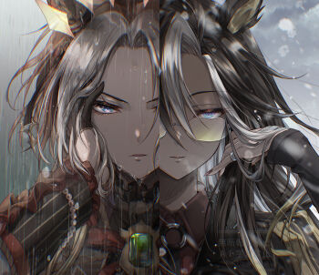 2girls ahoge animal_ears asymmetrical_bangs belt black_coat black_gloves black_hair blue_eyes bracelet brown_hair chromatic_aberration closed_mouth coat commentary_request dream_journey_(umamusume) ear_ornament eyelashes eyewear_strap frills gem glasses gloves green_gemstone grey_hair hair_between_eyes half_gloves hand_in_own_hair hand_on_own_cheek hand_on_own_face highres horse_ears horse_girl jewelry juliet_sleeves lips long_hair long_sleeves looking_at_viewer multicolored_hair multiple_girls orfevre_(umamusume) parted_lips pearl_bracelet puffy_sleeves rain red_shirt shirt siblings sisters straight-on streaked_hair umamusume upper_body water wet wet_face wet_hair yue_(lov_n_n)