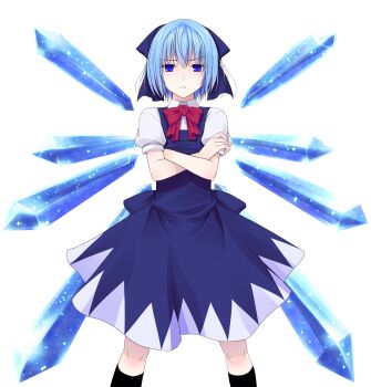 1girl black_socks blue_dress blue_eyes blue_hair bow bowtie cirno closed_mouth cocked_eyebrow collared_shirt commentary_request cowboy_shot crossed_arms crote dress hair_bow hair_ornament half-closed_eyes highres ice ice_wings large_variant_set legs_apart looking_at_viewer pinafore_dress puffy_short_sleeves puffy_sleeves red_bow red_bowtie shirt short_hair short_sleeves skirt sleeve_cuffs sleeveless sleeveless_dress socks solo standing tachi-e touhou transparent_background variant_set white_shirt wings