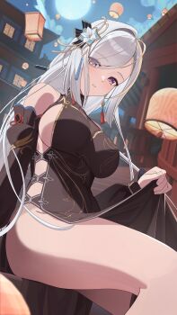 1girl absurdres architecture black_dress blue_eyes blush breasts china_dress chinese_clothes clothes_lift cloud cloudy_sky commentary detached_sleeves dress dress_lift east_asian_architecture eyes_visible_through_hair feet_out_of_frame flower full_moon genshin_impact gold_trim hair_flower hair_ornament hair_over_one_eye highres jumonji lantern lantern_festival large_breasts lifting_own_clothes light_smile long_hair looking_at_viewer moon night no_panties official_alternate_costume outdoors paid_reward_available paper_lantern parted_lips shenhe_(frostflower_dew)_(genshin_impact) shenhe_(genshin_impact) sideboob sideless_dress single_hair_intake sitting sky sky_lantern smile solo thighs white_hair