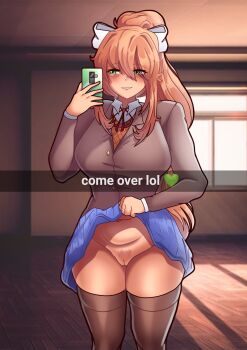 Rule 34 | 1girl, blazer, blue skirt, blush, bow, breasts, brown hair, brown thighhighs, clothes lift, collared shirt, doki doki literature club, doki doki literature club school uniform, english text, eyes visible through hair, female focus, female pubic hair, green eyes, grey jacket, grin, hair between eyes, hair bow, highres, holding, holding phone, indoors, jacket, johnv, large breasts, lifting own clothes, long hair, looking to the side, miniskirt, monika (doki doki literature club), navel, neck ribbon, phone, pleated skirt, ponytail, presenting, presenting pussy, pubic hair, pussy, red ribbon, ribbon, school uniform, seductive gaze, seductive smile, shirt, skirt, skirt lift, smile, solo, sweater vest, thighhighs, uncensored, white bow, white shirt