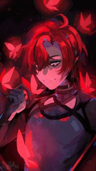 Rule 34 | 1boy, ahoge, black bodysuit, black choker, black gloves, bodysuit, bug, butterfly, choker, closed mouth, gloves, hair over one eye, highres, holostars, holostars english, insect, machina x flayon, male focus, mio sothis, red butterfly, red eyes, red hair, short hair, smile, solo, upper body, virtual youtuber