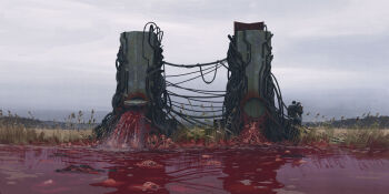 1boy 1girl black_hair black_jacket blood bone cable cloud cloudy_sky day denim field from_behind grass highres horror_(theme) jacket jeans outdoors pants science_fiction simon_stalenhag sky standing things_from_the_flood