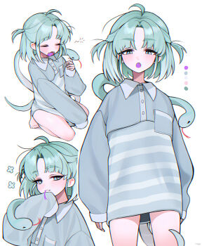 1girl absurdres ahoge bare_legs barefoot blush closed_eyes closed_mouth collared_shirt commentary commentary_request cowboy_shot english_commentary fangs forked_tongue full_body green_eyes green_hair green_snake grey_shirt hand_up haze_(7h4ze) highres kneeling legs long_sleeves looking_at_viewer mixed-language_commentary multicolored_shirt multiple_views open_mouth original shirt short_hair simple_background single_sleeve_past_wrist slit_pupils snake snake_girl solo standing striped_clothes striped_shirt thighs tongue two-tone_shirt upper_body white_background white_shirt