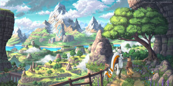 2girls animal_ears artist_name blonde_hair blue_eyes blue_sky bridge cloud commentary_request day flower fog fox_ears fox_girl fox_tail green_eyes grey_hair highres looking_at_another multiple_girls nagi_itsuki open_mouth original outdoors pixiv_fantasia pixiv_fantasia_scepter_of_zeraldia rock scenery short_hair sky smile tail tree