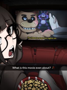 1boy 1girl 1other absurdres animatronic black-framed_eyewear black_eyes black_hair blunt_bangs bonnie_(fnaf) caption commentary english_commentary english_text five_nights_at_freddy&#039;s five_nights_at_freddy&#039;s_(2023_movie) freddy_fazbear glasses hand_on_another&#039;s_shoulder highres looking_at_viewer meme mikuneki movie_theater open_mouth original pointing pov riyo_kaede_(mikuneki) semi-rimless_eyewear shocked_black_guy_(meme) short_hair under-rim_eyewear