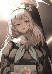 Rule 34 | 1girl, black gloves, blue archive, blush, breasts, coif, gloves, grey hair, habit, hair between eyes, halo, highres, holding, large breasts, long hair, long sleeves, looking at viewer, morishin546, nun, open mouth, puffy long sleeves, puffy sleeves, purple eyes, sakurako (blue archive), smile, solo, upper body, yellow halo