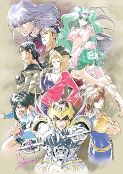 2girls 6+boys absurdres androgynous armor artist_name belt bikini bindi black_armor black_hair blonde_hair blue_eyeshadow blue_hair blue_pants blue_shirt bodysuit braid braided_sidelocks breastplate breasts brown_bodysuit brown_dress brown_eyes brown_hair capelet chest_guard cleavage clenched_hands closed_eyes closed_mouth commentary crossed_arms dappa-oh_kuuya dress earrings evil_smile eyeshadow feathers forehead_protector gauntlets green_belt green_eyes green_hair grey_hair hair_between_eyes hand_on_own_hip hand_on_own_thigh headband headpiece hiba-oh_dan highres holding holding_feather hoop_earrings jewelry karura-oh_reiga knee_pads kuroki_gai lakshu large_breasts long_hair low-tied_long_hair makeup medium_hair multiple_boys multiple_girls muscular muscular_male nara-ou_renge open_mouth pants pauldrons pink_bikini pink_capelet pink_pants pink_shirt purple_headband red_eyes red_headband ryouma_(tenku_senki_shurato) shirt shoulder_armor shura-oh_shurato signature skin_tight smile standing swimsuit ten-oh_hyuuga tenkuu_senki_shurato turban vambraces very_long_hair wavy_hair white_feathers yellow_belt yoshinaga_masahiro