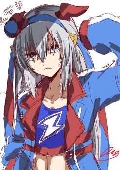 Rule 34 | 1girl, absurdres, amaxa, animal ears, blue eyes, blue hairband, bow, ear bow, ear covers, ear ornament, fang, grey hair, grey tail, hair between eyes, hairband, headband, highres, horse ears, horse girl, horse tail, jacket, lightning bolt print, long hair, long sleeves, open mouth, red headband, shirt, solo, striped clothes, striped hairband, tail, tamamo cross (umamusume), tamamo cross (with lightning speed) (umamusume), umamusume, very long hair