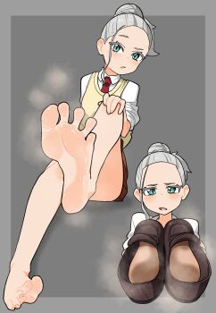 1girl barefoot blue_eyes blush feet giving grey_hair hair_bun hand_on_own_knee healer_girl highres loafers long_hair looking_at_viewer nairo open_mouth shoes soles steam toes unworn_shoes yanagi_sonia