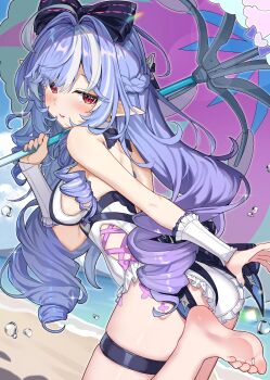 1girl absurdres ahoge arm_behind_back armpit_crease bare_shoulders barefoot beach black_bow blue_hair blue_nails blush bow braid breasts casual_one-piece_swimsuit chinese_commentary clothing_cutout cloud commentary_request cowboy_shot cross-laced_clothes cross-laced_cutout day detached_sleeves drill_hair fingernails frilled_one-piece_swimsuit frilled_sleeves frills from_side gradient_hair hair_between_eyes hair_bow half_up_braid hand_up highres holding holding_umbrella leaning_forward leg_up long_hair looking_at_viewer looking_to_the_side medium_breasts mole mole_under_eye multicolored_hair nail_polish official_alternate_costume one-piece_swimsuit outdoors paid_reward_available parasol parted_lips pointy_ears pu_ht purple_hair red_eyes shadow short_sleeves side_cutout sideboob smile soles solo sparkle standing standing_on_one_leg streaked_hair swimsuit thigh_strap twin_drills two-tone_hair umbrella very_long_hair vivian_banshee vivian_banshee_(iris_of_the_shore) water_drop white_one-piece_swimsuit white_streaks zenless_zone_zero