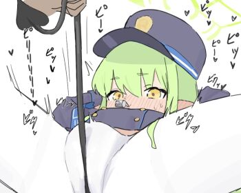 1girl blue_archive blush buttons cameltoe double-breasted goreinu_white green_hair highres hikari_(blue_archive) pantyhose pointy_ears sidelocks simple_background spread_legs tail_pull train_conductor whistle white_background white_pantyhose yellow_eyes