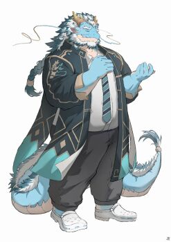 1boy absurdres animal_ear_fluff aqua_hair aqua_skin bara beard castaneaf closed_eyes colored_skin crocs dragon_boy dragon_horns facial_hair full_beard full_body fur-tipped_tail furry furry_male hands_up highres horns long_mustache male_focus mature_male multicolored_hair mustache necktie pants plump prehensile_facial_hair qinglong_(housamo) solo standing tachi-e thick_beard tokyo_houkago_summoners two-tone_beard two-tone_hair white_hair