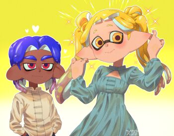 1boy 1girl alternate_hairstyle ariamikukanzaki blonde_hair blue_hair breasts cleavage_cutout clothing_cutout commentary dark-skinned_male dark_skin dress english_commentary eyebrow_piercing face_piercing green_dress hands_in_pockets heart hirooooo_(splatoon) inkling nintendo octoling piercing pointy_ears red_eyes signature small_breasts smile splatoon_(series) splatoon_3 tentacle_hair twintails veronika_(splatoon) very_dark_skin yellow_background yellow_eyes