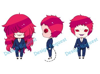 1boy 2017 alien alternate_hairstyle androgynous arm_up berg_katse blue_pants blue_suit chibi clenched_hands collarbone commentary dhamaphorn diamond-shaped_pupils diamond_(shape) english_commentary english_text formal_clothes from_side full_body gatchaman_crowds hair_over_eyes hand_on_own_hip high_heels highres long_hair male_focus messy_hair multicolored_shoes multiple_views nendoroid official_alternate_hairstyle open_collar open_mouth pale_skin pants pink_hair prehensile_tail red_lips red_nails second-party_source sharp_teeth short_hair simple_background smile solo standing star-shaped_pupils star_(symbol) straight-on suit symbol-shaped_pupils tail teeth turnaround two-tone_shoes very_long_hair watermark white_background