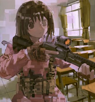 Rule 34 | 1girl, ammunition pouch, azumanga daioh's school uniform, azumanga daiou, blywkissy2, brown eyes, brown gloves, brown hair, camouflage, chair, chinese commentary, classroom, closed mouth, clothing request, commentary request, curtains, distortion, female focus, fingerless gloves, gloves, gun, hands up, highres, holding, holding gun, holding weapon, indoors, kasuga ayumu, long hair, long sleeves, looking ahead, no nose, pink serafuku, pink shirt, pouch, rifle, school uniform, serafuku, shirt, solo, standing, table, upper body, weapon