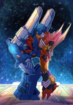 2boys blue_eyes blush character_request highres kiss mixed-language_commentary multiple_boys outdoors profile reko_(owiyalight) space the_transformers_(idw) tiptoes transformers ultra_magnus yaoi