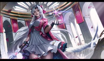 Rule 34 | 1girl, absurdres, ahoge, black gloves, blue eyes, bow, breasts, carlotta (wuthering waves), closed mouth, coat, commentary, cowboy shot, crystal, dress, earrings, gloves, gun, hair bow, hand up, highres, holding, holding gun, holding weapon, indoors, jewelry, long hair, looking at viewer, medium breasts, nervi fd, parted bangs, pink bow, pink coat, rifle, short dress, solo, thighs, very long hair, weapon, white dress, white hair, wuthering waves