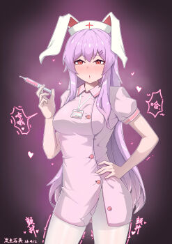 1girl absurdres alternate_costume blush chinese_commentary chinese_text ci_sheng_shi_ying collared_dress commentary_request contrapposto cross cross_print dress hand_on_own_hip hat heart highres holding holding_syringe id_card lanyard long_hair looking_at_viewer nurse nurse_cap pantyhose pink_dress pink_hair print_hat puffy_short_sleeves puffy_sleeves red_cross red_eyes reisen_udongein_inaba short_sleeves solo speech_bubble spoken_heart syringe touhou translation_request very_long_hair white_hat white_pantyhose