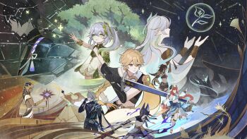 4girls 5boys absurdres aether_(genshin_impact) alhaitham_(genshin_impact) ancient_egyptian_clothes animal_ear_hood anna_(drw01) black_hair blonde_hair braid braided_ponytail brown_hair closed_mouth commentary_request cross-shaped_pupils cyno_(genshin_impact) dancer dark-skinned_male dark_skin dehya_(genshin_impact) dress faceless faceless_female faceless_male fake_animal_ears fake_horns genshin_impact gladiator_sandals gradient_hair green_eyes green_hair hair_between_eyes hair_ornament hands_up harem_outfit highres holding holding_polearm holding_sword holding_weapon hood horns hoyofair japanese_clothes king_deshret_(genshin_impact) leaf_hair_ornament long_hair multicolored_hair multiple_boys multiple_girls nahida_(genshin_impact) nilou_(genshin_impact) official_art pointy_ears polearm pyramid_(structure) red_hair rukkhadevata_(genshin_impact) sandals scaramouche_(genshin_impact) short_hair side_ponytail silver_sword_(genshin_impact) single_braid spear staff_of_the_scarlet_sands_(genshin_impact) sword symbol-shaped_pupils tree twintails veil weapon white_dress white_hair white_veil yellow_eyes