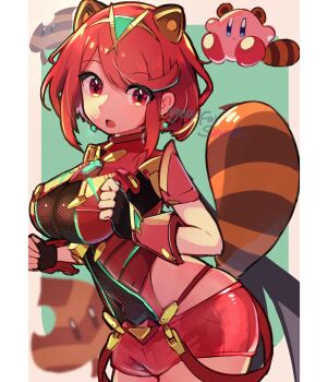 1boy 1girl :o animal_costume animal_ears animated animated_gif blinking blue_eyes blurry blurry_background bob_cut border breasts closed_mouth commentary_request core_crystal_(xenoblade) covered_navel english_text fake_animal_ears fake_tail floating highres kirby kirby_(series) kokokashira_(koko_ni_iru) large_breasts looking_at_viewer medium_hair nintendo open_mouth outside_border pyra_(xenoblade) red_eyes red_hair shaking skindentation super_smash_bros. tail tanuki_costume tiara white_border xenoblade_chronicles_(series) xenoblade_chronicles_2