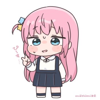 1girl black_ribbon black_skirt black_socks blue_eyes blush_stickers bocchi_the_rock! chibi collared_shirt commentary_request full_body gotoh_hitori hair_ornament long_hair long_sleeves mochimiko neck_ribbon one_side_up parted_lips pink_hair pleated_skirt puffy_long_sleeves puffy_sleeves ribbon shirt shoes signature skirt socks solo standing star_(symbol) star_hair_ornament suspender_skirt suspenders sweat translation_request v very_long_hair white_shirt white_shoes