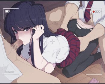 1girl 2boys all_fours ass black_eyes black_hair black_pantyhose blush bow bowtie bra bra_pull breasts breasts_out clothed_sex clothes_pull collared_shirt doggystyle double_penetration fellatio group_sex tucking_hair hetero kakure_eria komi-san_wa_komyushou_desu komi_shouko large_breasts long_hair looking_at_viewer mmf_threesome multiple_boys open_clothes open_shirt oral pantyhose penis pink_bra recording red_skirt sex sex_from_behind shirt short_sleeves skirt spitroast threesome torn_clothes torn_legwear torso_grab uncensored underwear viewfinder white_shirt